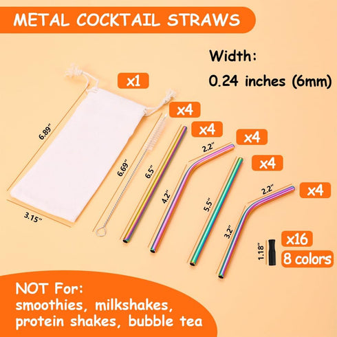 Lazycorner 16 Pcs Short Metal Straw, 6mm 5.5" 6.5" Kids Reusable Straw Silicone Tips Cleaner, Mini Small Stainless Steel Straws Fit 8 10 12 oz Tum...