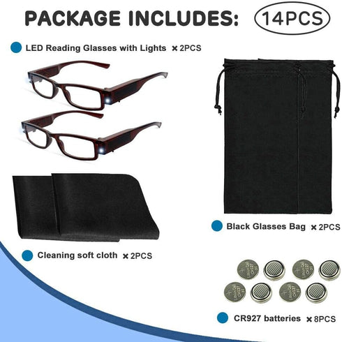 2 Pcs Reading Glasses with Lights for Men and Women Led Readers Fashion Glasses for Reading Lighted Magnifier Nighttime Reader Compact Full Frame ...