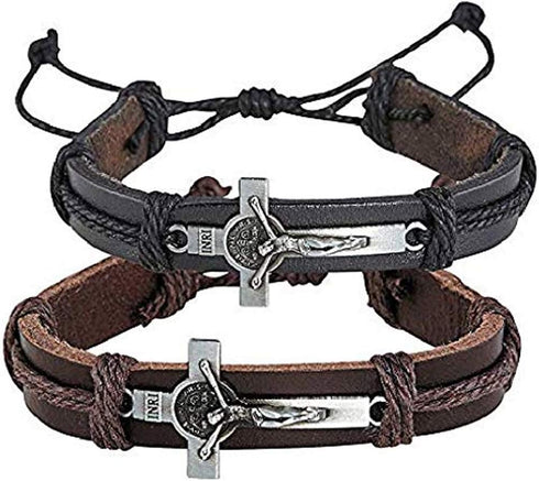 Christian Brands St Benedict Medal Crucifix Leather Bracelet, Set of 2...