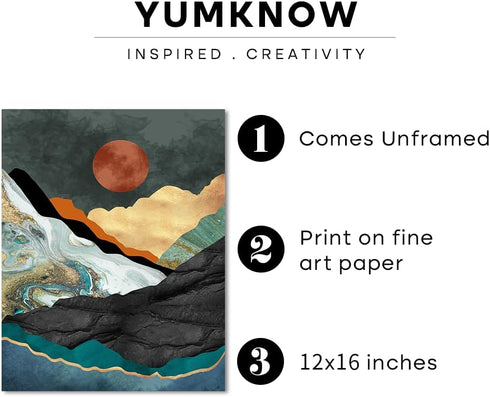 YUMKNOW Boho Mountain Wall Decor - Unframed 12x16, Mid Century Modern Nature Wall Art for Living Room, Teal Bathroom Decorations, Bedroom Pictures...