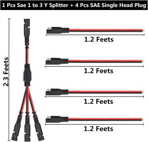 SAE Power Extension Cable Y Splitter 1 to 3 Connector With Dust Cap And 4 Pcs 2 Pin Quick Disconnect Wire Harness(4 Pcs 1.2 FT+1 Pcs 1 to 3)...