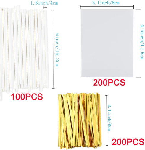 Lollipop Stick (6 inch), Candy Wrappers and Twist Ties Set, 100 Papery Lollipop Sticks (6 inch), 200 Lollipop Bags and 200 Twist Ties (500Pcs)...