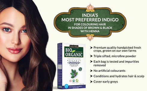 INDUS VALLEY BIO Organic Indigo Powder (Indigofera Tinctoria) with Color Recipe Book and an Applicator Brush Kit (100g) - Black...