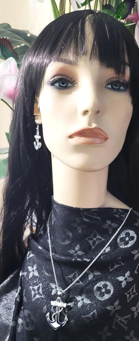 Silvertone Nautical Anchor Pendant Necklace and Earring Set 24" Chain...