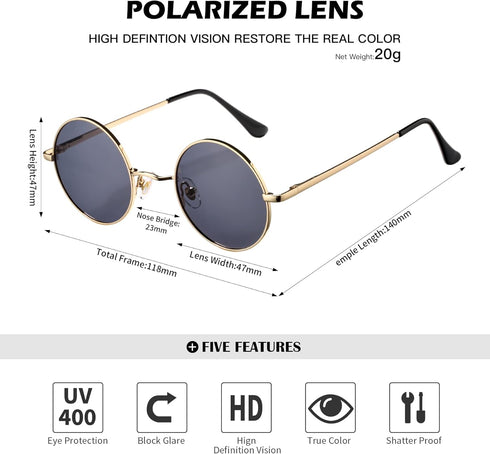 Pro Acme Small Round Polarized Sunglasses for Men Women Circle Retro Shades Metal Hippie Sunglasses UV400...