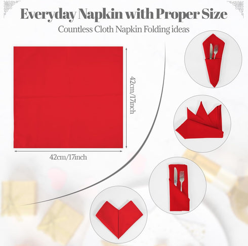 PLOYMONO Red Heavy Duty Cloth Napkins - 17 x 17 Inch Solid Washable Polyester Dinner Napkins - Set of 8 Napkins with Hemmed Edges - Great for Wedd...