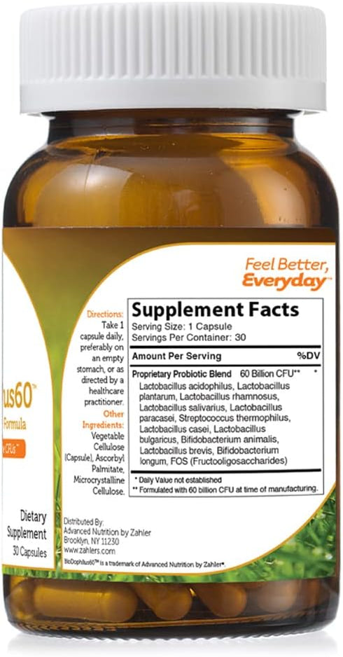Zahler Biodophilus, 60 Billion Live Cultures Per Serving, Supports Digestive Health,Certified Kosher, 30 Capsules...
