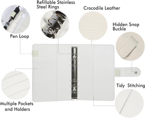 A6 Crocodile Budget Binder 2 pcs - PU Leather Notebook Binder with Hidden Snap Buckle, Small 6 Ring Refillable Journal Binder, Black & Beige...