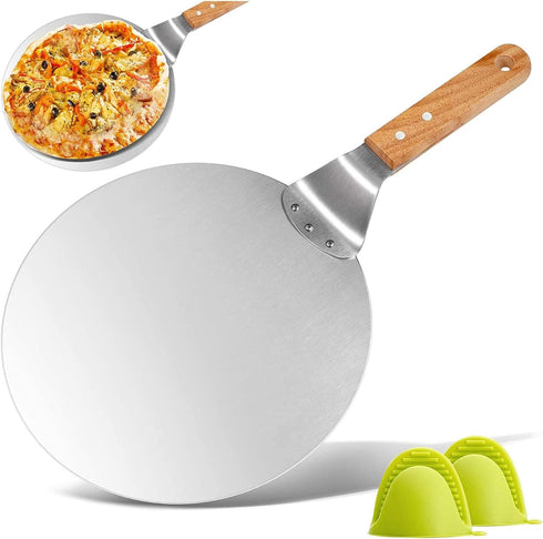 KSENDALO 10" Pizza Peel with Wooden Handle - Pizza Lifter & Stainless Steel Spatula for Baking, Serving Homemade Pizza, Cake and Pie | Non-Slip Pi...