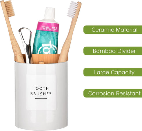 Ceramic Toothbrush and Toothpaste Holder with Bamboo Divider for Bathroom Countertop, White Toothbrush Organizer Stand for Bathroom Vanity Counter...