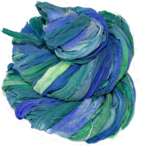 Super Bulky Recycled Sari Silk Ribbon Yarn in Blue Galaxy | 50 GMS - 30 Yards | Duppioni Silk Ribbon | Taffeta Silk Ribbon (Pack of 1)......