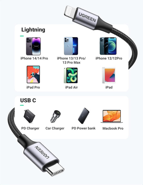 UGREEN USB C to Lightning Cable 3FT - MFi Certification Lightning Cable Compatible with iPhone 14/14 Pro/14 Pro Max, iPhone 13/12/11/X/XR/XS/8 Ser...