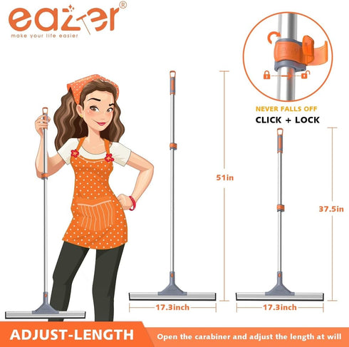 eazer Floor Squeegee Broom: Heavy Duty Scrubber with Extendable 50.3'' Aluminum Pole and Rubber Blade for Kitchen, Swimming Pool, Concrete Floors,...