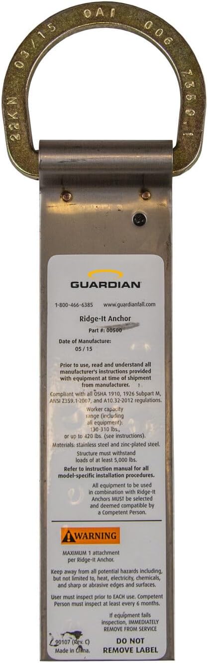 Guardian Fall Protection 00500 RIDG-1 Single D-Ring Roof Anchor with Nails 11-Inch in Length and 1 D-ring, 9¾"...