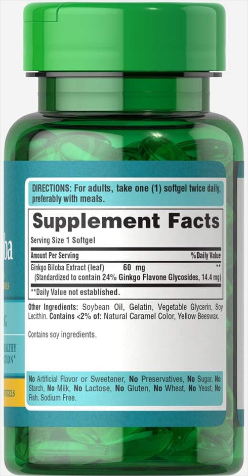 Puritan's Pride Ginkgo Biloba Standardized Extract Nootropic 60 Mg Softgels, 120 Count...