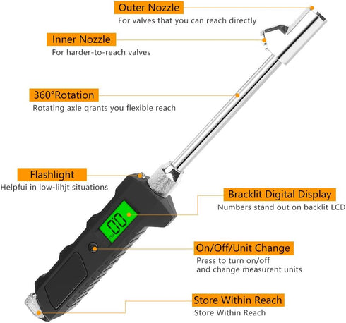 Number-one Digital Tire Pressure Gauge 230 PSI Auto Shut Off LCD Backlight Digital Display RV Heavy Duty Dual Head Rotatable Pressure Measuring Va...
