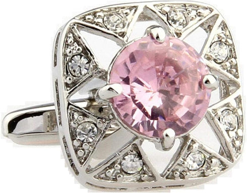 Pink Crystal Square Round Pair Cufflinks in Presentation Gift Box & Polishing Cloth...