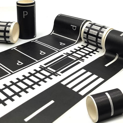 Play Road Tape for Toy Cars Trains 6-Pack Black Car Track Tape, Parking Spot Stick to Floors and Table Flat Surface,No Residue, for Kids Gift (TAP...