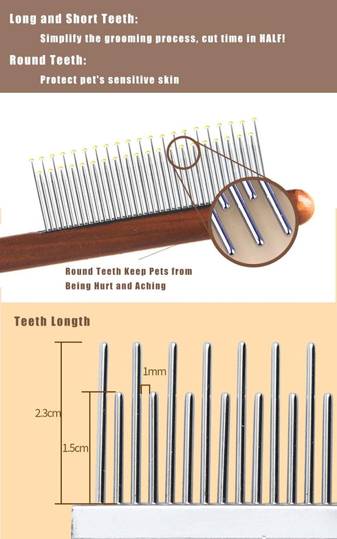 Dog Cat Comb with Solid Wood Handle Stainless Steel Teeth, Professional Pet Grooming Supplies Accessories Perfect for Honghair Hairy Pets...