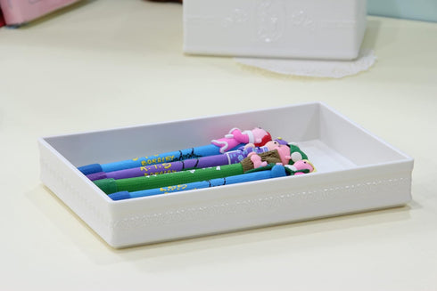 Elegance System Embossed Design Organizer Tray #3 Desktop Vanity Drawer Jewelry Stationery Make-up Storage Bin Dressing Table Organizing Box, Whit...