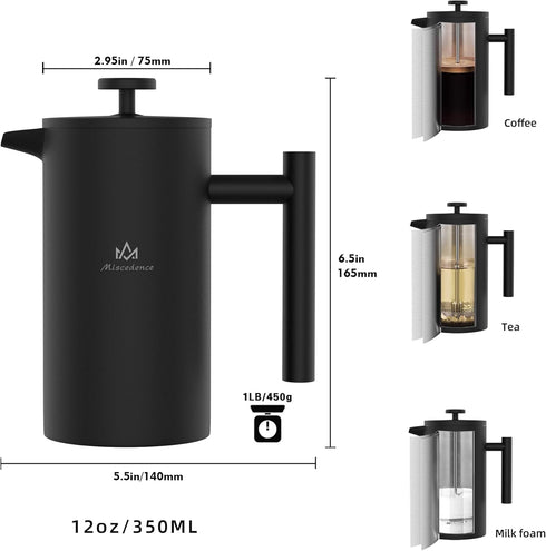 French Press Coffee Maker?12OZ Double Wall Vacuum Insulated 304 Stainless Steel for Home, Camping and Office...