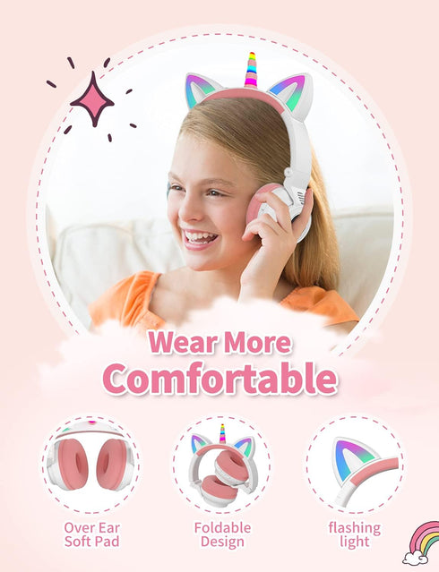 Unicorn Kids Headphones for Girls,Unicorn Bluetooth Headphones Foldable for Girls Toddlers Tablet/pad/Amazon fire,Light Up Kids Wireless Headphone...