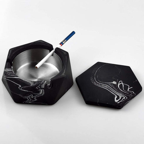 FREELOVE Concrete Ashtray with Lid & Stainless Steel Ashtrays for Cigarettes, Cement Ash Tray Smoking Holder Indoor Smokeless Outdoor Windproof Pa...