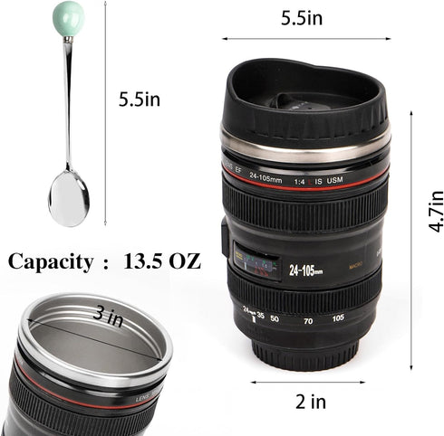 Camera Lens Coffee Mug,Travel Coffee Cup,Stainless Steel Lens Mug Thermos Camera Lens Mug with Lid and Spoon,Cool Gifts for Photographers Men and ...