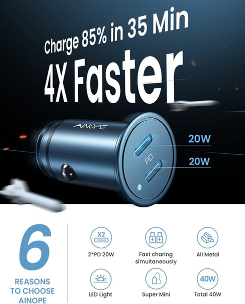 AINOPE 40W PD3.0 Fast Charging Smallest USB C All Metal Dual Port Car Charger Compatible with Almost Car......