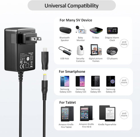5V 2A AC Adapter, Basicvolt Versatile 5Volt 2Amp Power Supply Wall Charger Power Adapter w/ 8 Tips for Camera, BT Speaker, GPS, USB Hub, TV Box, W...