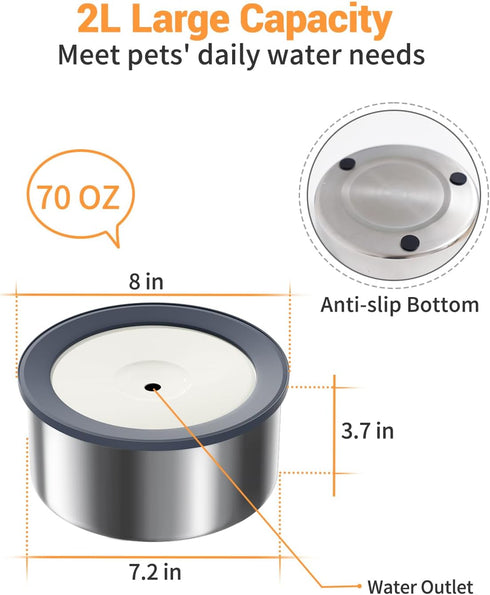 No Spill Water Bowl for Dogs, 2L Large Stainless Steel Slow Drinking Water Dish Dispenser, Fits into Elevated Pet Feeder, Spilling Drip & Splash P...