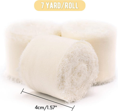 Anwyll White Handmade Silk Ribbon,Handmade Fringe Chiffon Ribbon,1-1/2 Inchx21 Yd Chiffon Silk Ribbon,Frayed Edge Fabric Ribbons (3 Roll x 7Yd) fo...