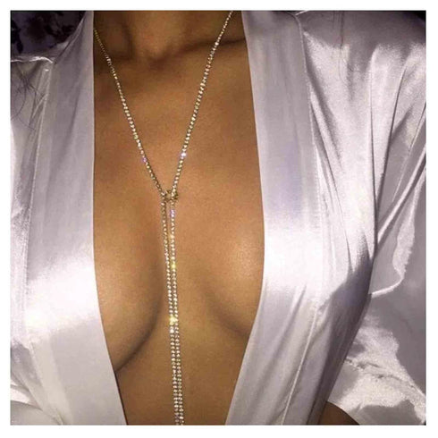 Bling Tennis Chain Necklace Silver Long Rhinestone Choker Necklace CZ Lariat Y Necklace Tie Up Necklace for Women and Girls Nightclub Body Chain J...