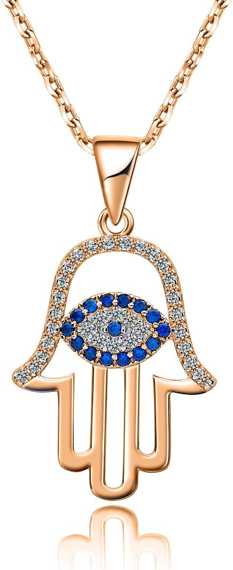 SLOONG Evil Eye Hamsa Hand Necklace Rose Gold 14k Gold Plated Third Eye White Blue Cz Womens Pendant Necklace...