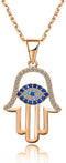 SLOONG Evil Eye Hamsa Hand Necklace Rose Gold 14k Gold Plated Third Eye White Blue Cz Womens Pendant Necklace...