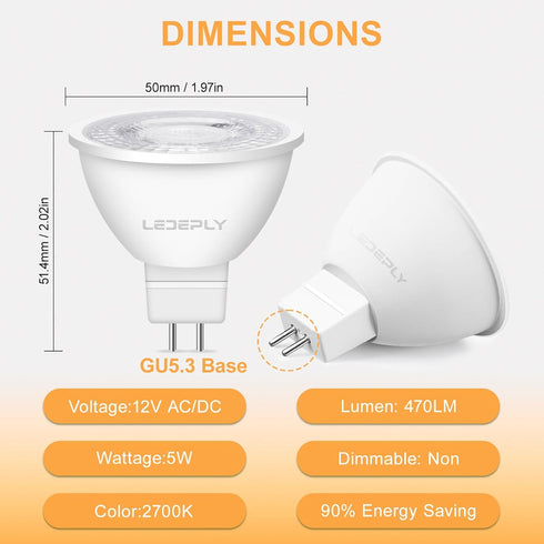 MR16 LED Bulb, 5W=50W, Non-Dimmable, 2700K Warm White, 470LM, AC/DC 12V Spotlight Bulb, GU5.3, No-Flicker, for Landscape, Recessed, Track Lighting...