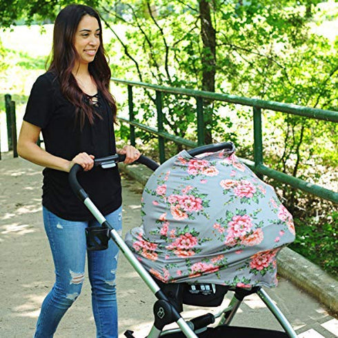 Breastfeeding Cover - Car Seat Cover with Bonus Strap Covers - Kiddo Kind Gray Floral...