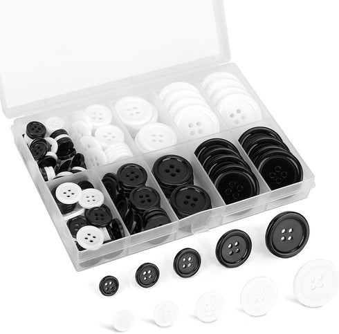 Mixed Sewing Buttons 160Pcs, Round Black 4-Hole Craft Buttons, 5 Sizes White Resin Button, with Separate Compartment Storage Box, Suitable for Sew...