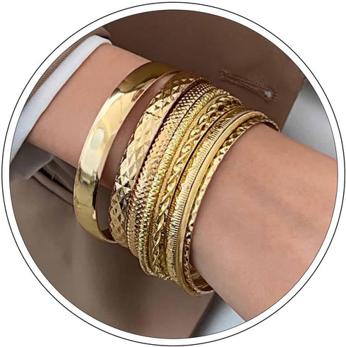 Gold Bangle Bracelet Set for Women Multi Stacking Wide Bangles Indian Bollywood Chunky Bangle Bracelets Ethnic Glossy Textured Bracelets Wedding O...