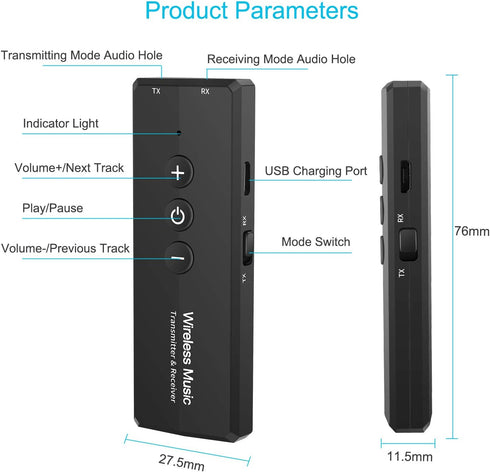 Upgraded Bluetooth 5.3 Transmitter 3-in-1, Portable Wireless Rechargeable Transceiver Adapter for TV PC, Stereo Audio Receiver for Car Speaker Sys...