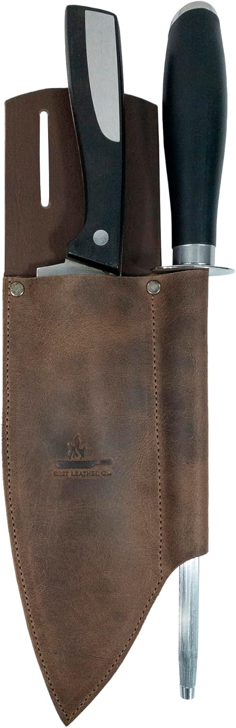 Knife Holster for Belt, Rustic Sleeve for Chef Knife with Knife Sharpener Slot, Rustic Knife Sheath, Full Grain Leather, Handmade, Bourbon Brown...