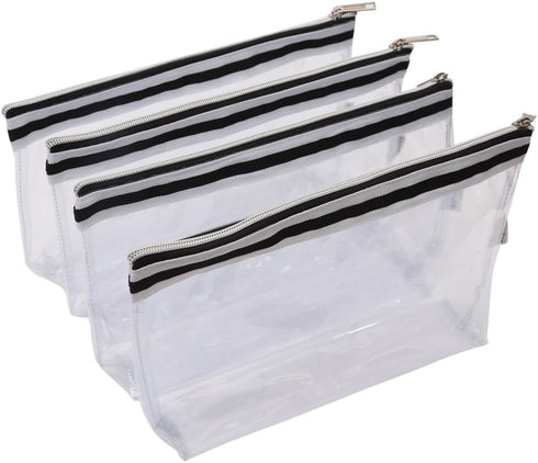 Multi-purpose Waterproof Clear Vinyl Zippered Toiletry Cosmetics Makeup Pouch With French Tape 4-pack...