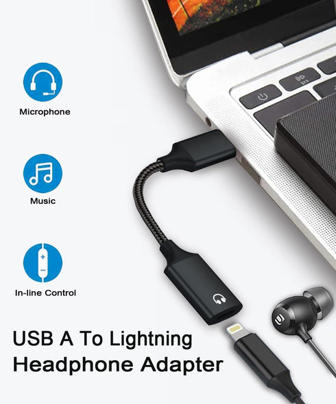 USB A to Lightning Female Audio Adapter, External Sound Card USB-A to Female Lightning Adapter HiFi Audio Headphones Converter Fit with USB A MacB...