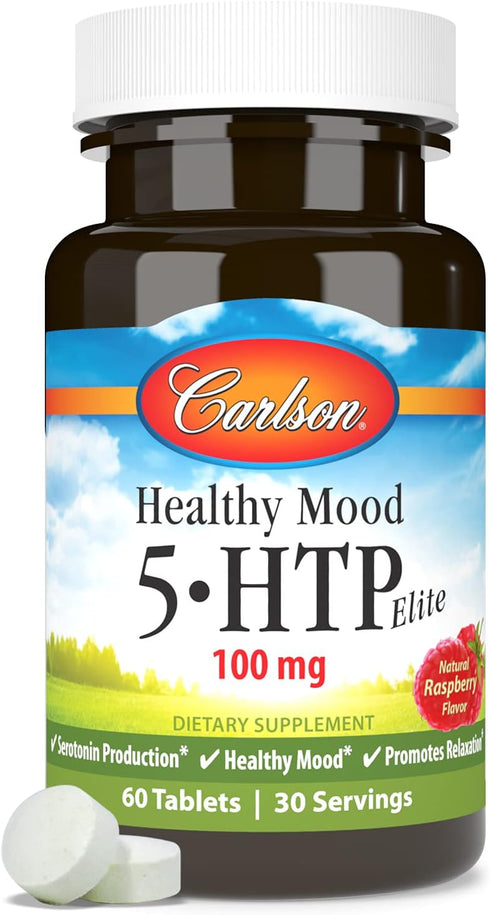 Carlson Healthy Mood 5-HTP Elite 100 mg with Vitamin B6 - Mood Support & Relaxation Supplement - Raspberry Chewable - 60 Tablets...