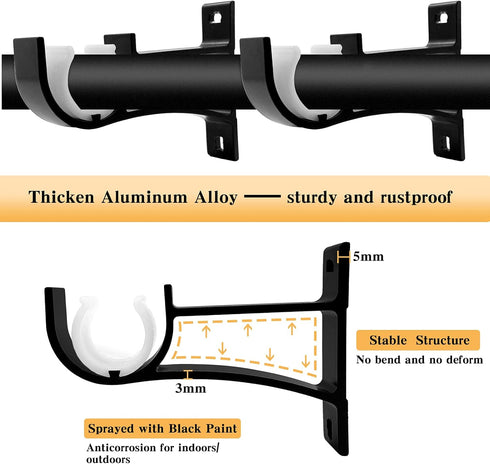 KOLAKO Curtain Rod Brackets, Heavy Duty Black Curtain Rods Holders Hook Hangers for Wall Drapery Rod Bracket Support 1 Inch Rods, 2 Pack...