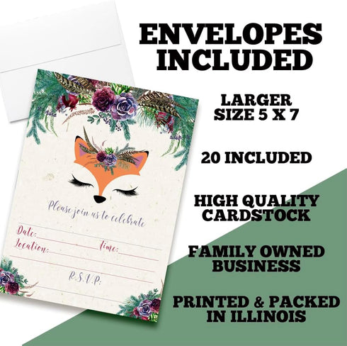 Woodland Forest Fox Face Floral With Greenery Birthday Party Invitations, 20 5x7 Fill In Cards with Twenty White Envelopes by AmandaCreation...