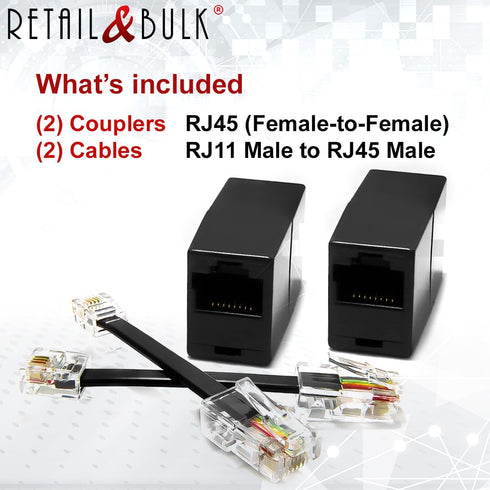 2-Pack RJ11 to RJ45 Adapter Phone Line to Ethernet – RJ45 Female to RJ11 Male for Landline, Fax, DSL Modem Connection (Black, Made in USA)...