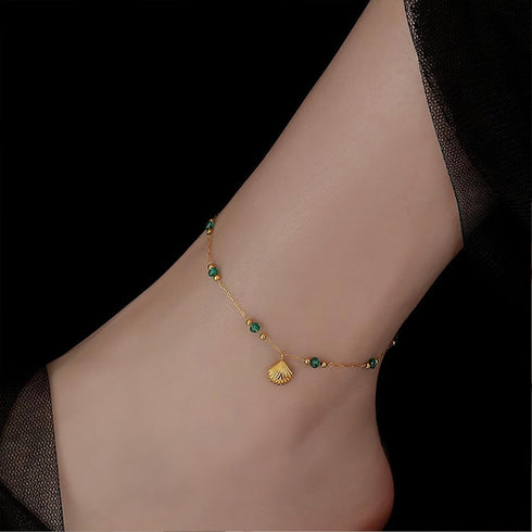 Gold Shell Anklets for Women Waterproof Adjustable Stainless Steel Chain Ankle Bracelet Emerald Tiny Beads Gold Plated Anklet Foot Jewelry...
