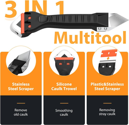 Silicone Caulking Tool Caulk Remover 3 in 1 - Upgraded Grout Removal Tool Kit Smooth Caulk for Bathroom Tub Shower Window Floor Glue Trowel Paint ...
