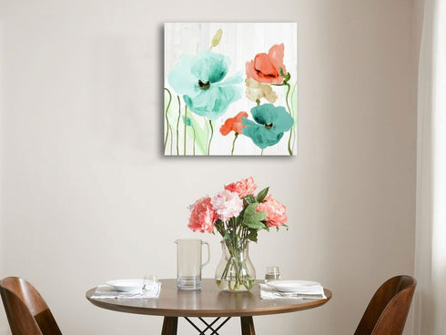 Genius Decor - Teal and Coral Flowers Floral Canvas Wall Art Decor (Teal Coral, 16x16inch)...